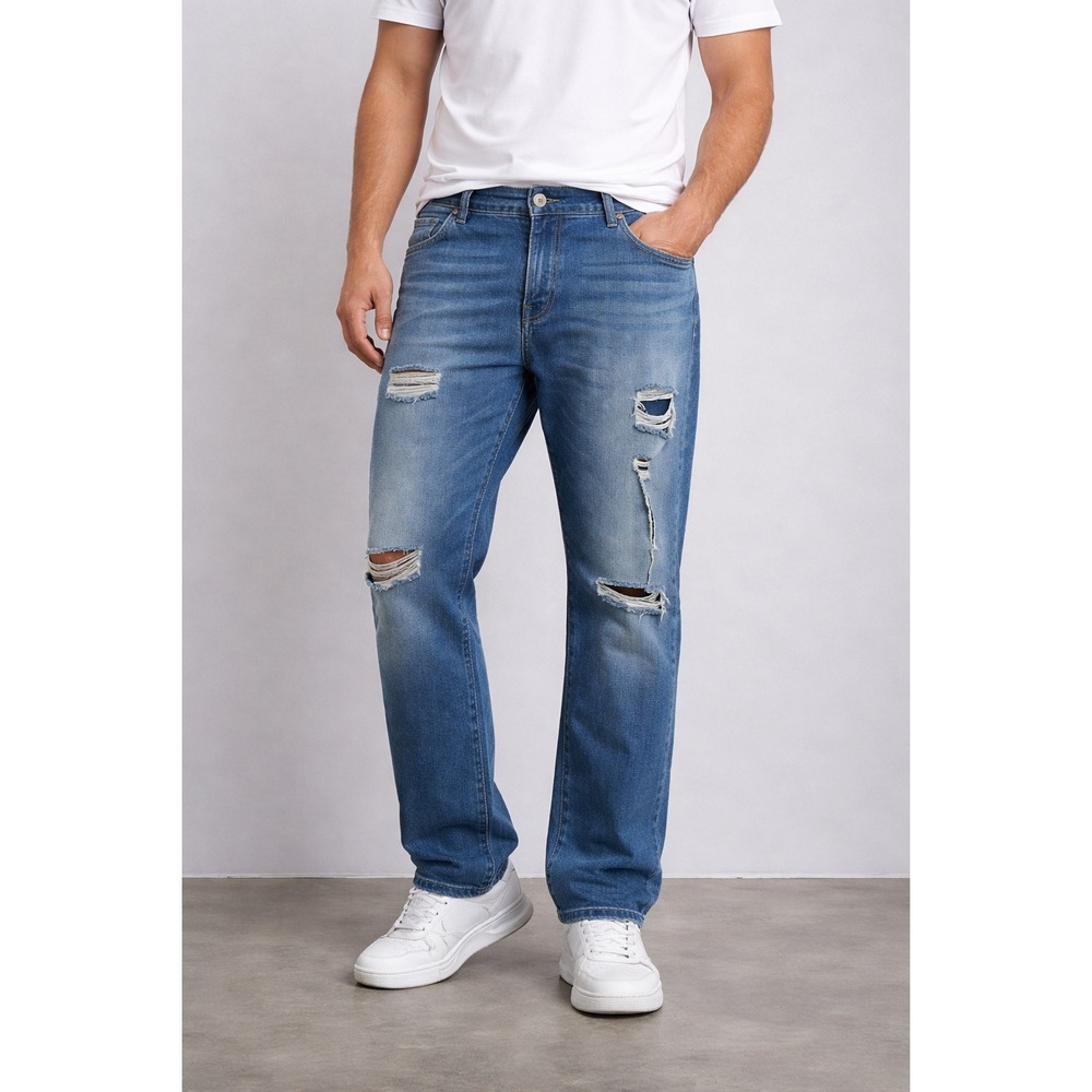 BoohooMAN Jeans Mens 46 Blue Distressed Slim‎ Fit Ripped Split Hem Denim Pants